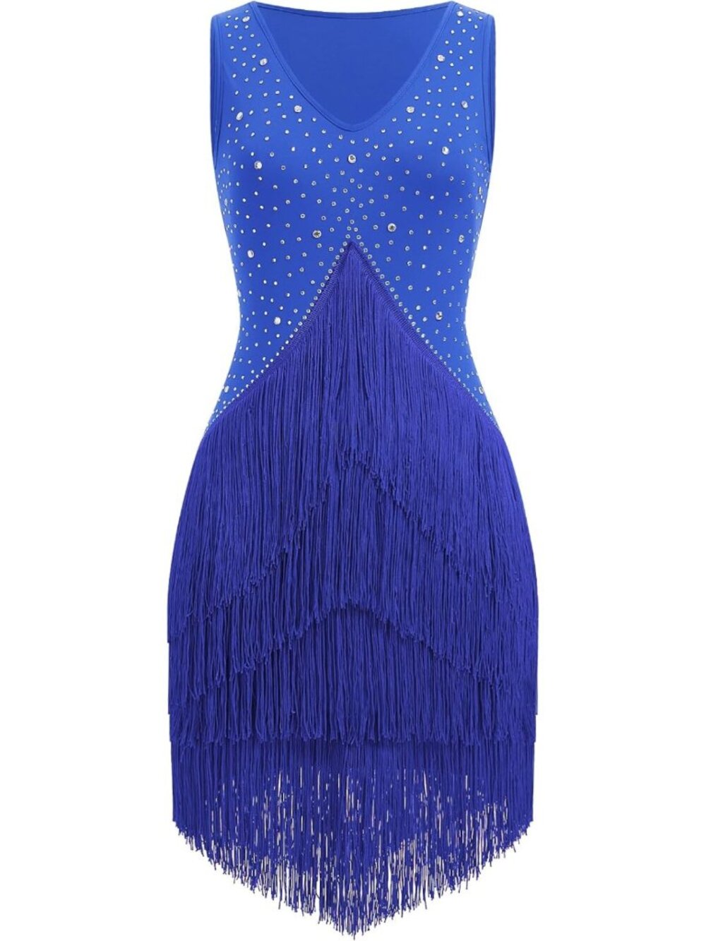 Royal Blue Rhinestone Fringe Tiered Latin Ballroom Dance Dress Flapper Sz M-L